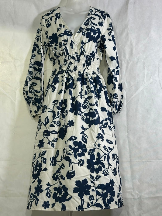 Preloved Off-White & Navy Blue Floral Smocked Waist V-Neck Midi Dress