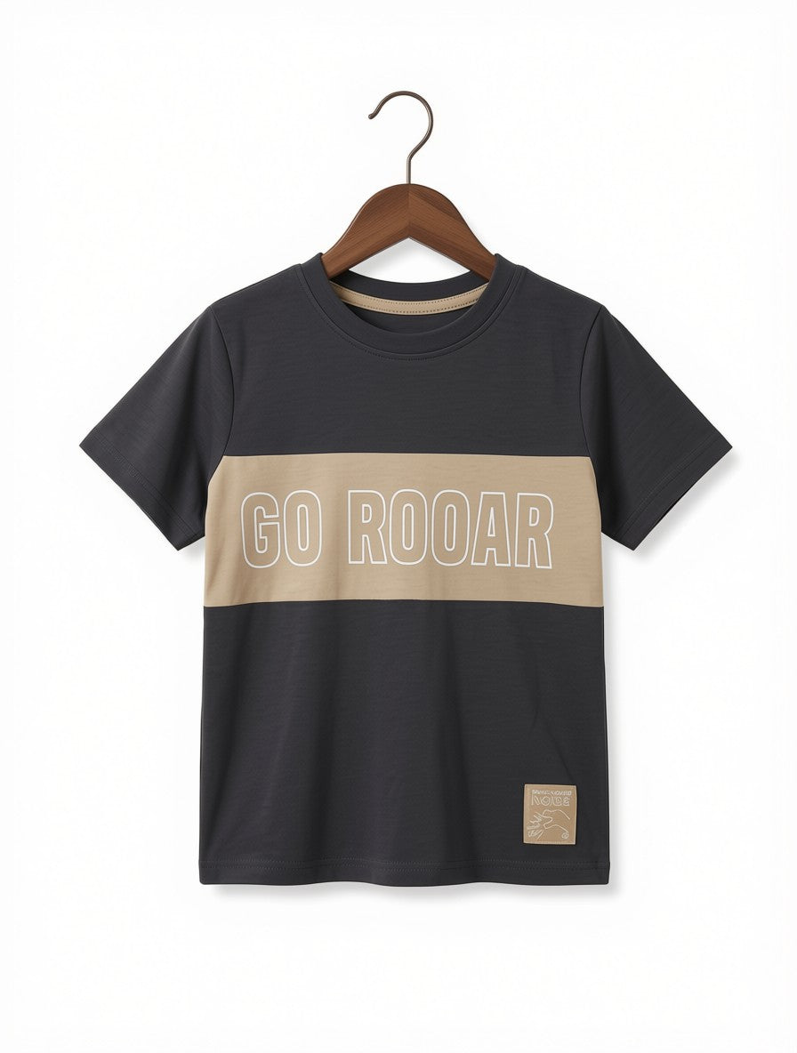 Preloved Kids "Go Rooar" Colorblock Graphic T-Shirt – Dark Grey & Tan (Ages 3-4Y)