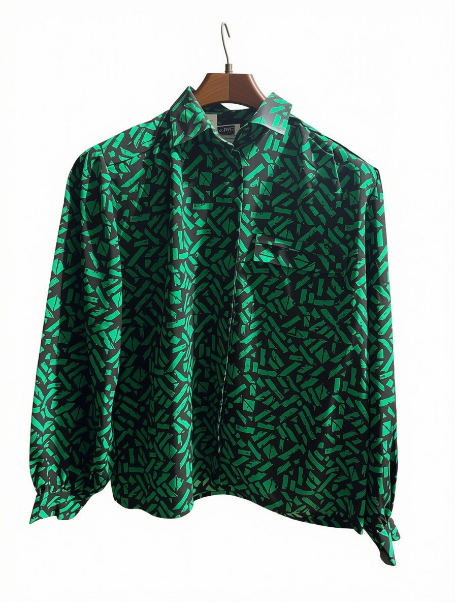 Women's Preloved Green Abstract Geometric Long-Sleeve Blouse (Size L)