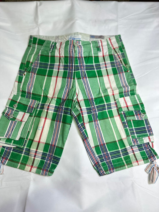 Men's Preloved Green Plaid Check Casual Cargo Shorts