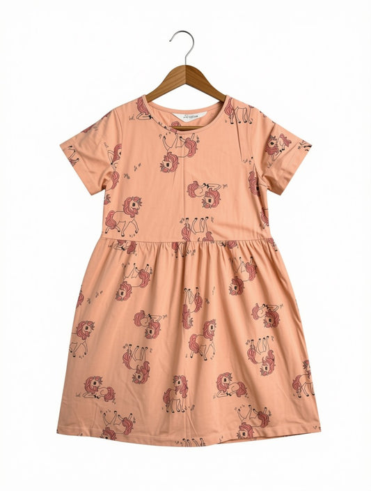 Preloved Kids Unicorn Print Short-Sleeve Dress – Peach & Dusty Pink (Size 7-8 Years)