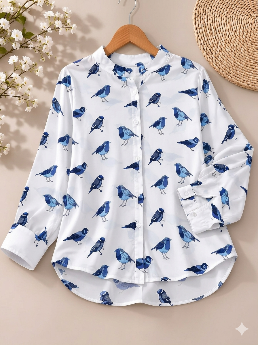 White Chiffon Button Down Blouse with Blue Bird Print - Casual Long Sleeve Mandarin Collar Shirt Maxi