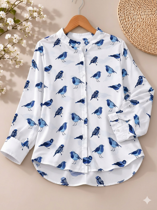 White Chiffon Button Down Blouse with Blue Bird Print - Casual Long Sleeve Mandarin Collar Shirt Maxi
