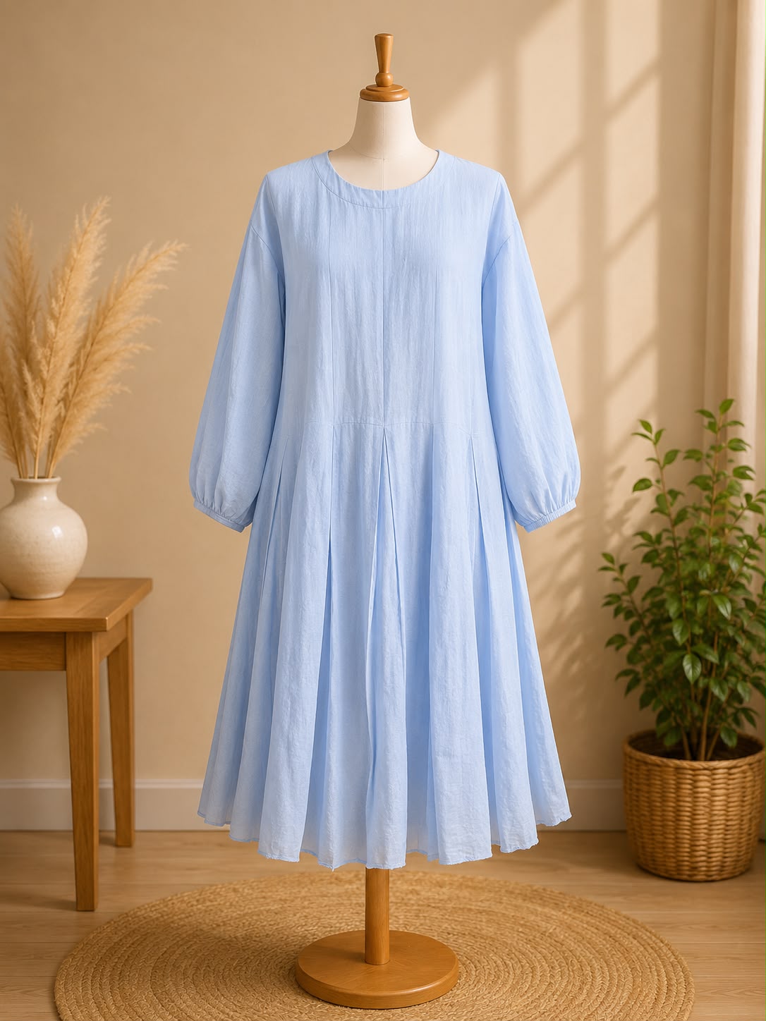 Pastel Light Blue Chiffon Pleated Maxi - Casual Long Sleeve Summer Midi Dress