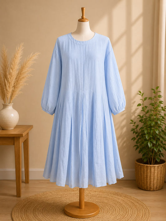 Pastel Light Blue Chiffon Pleated Maxi - Casual Long Sleeve Summer Midi Dress