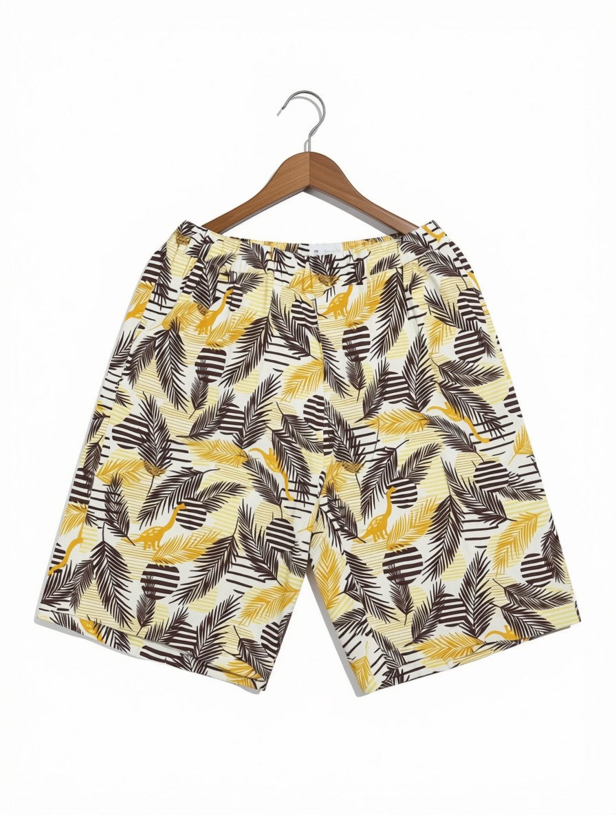 Preloved Kids Tropical Palm & Dinosaur Casual Shorts – Off-White, Mustard & Brown (Size 9-10 Years)