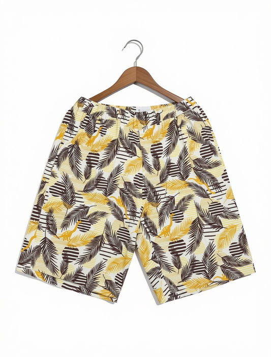 Preloved Kids Tropical Palm & Dinosaur Casual Shorts – Off-White, Mustard & Brown (Size 9-10 Years)