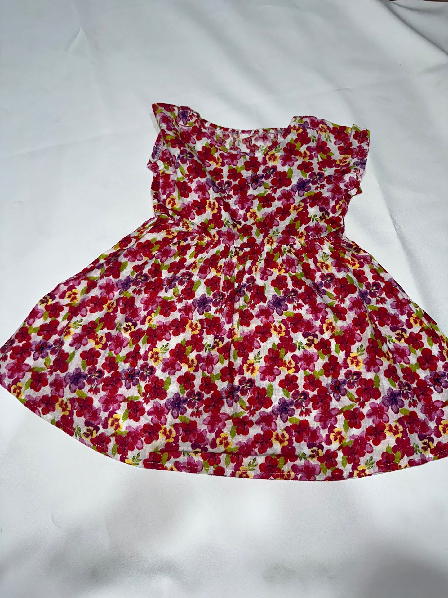 Girls' Preloved Crimson Floral Cap-Sleeve Dress