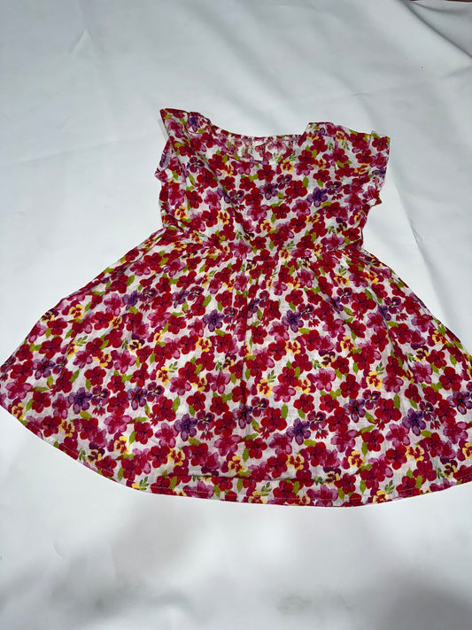 Girls' Preloved Crimson Floral Cap-Sleeve Dress