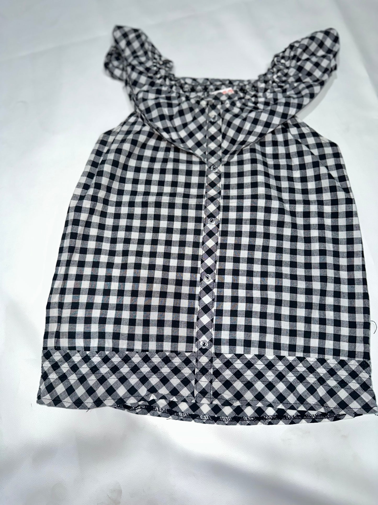 Girls' Preloved Monochrome Gingham Ruffle-Collar Button Top