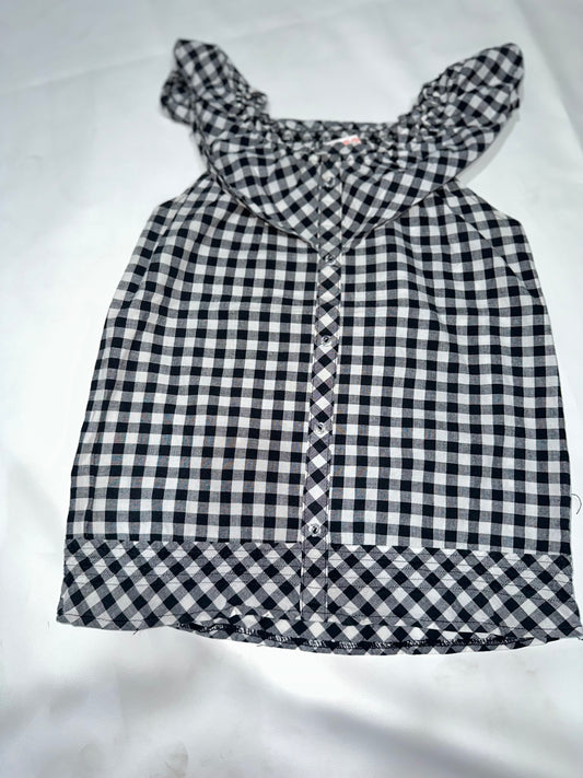 Girls' Preloved Monochrome Gingham Ruffle-Collar Button Top