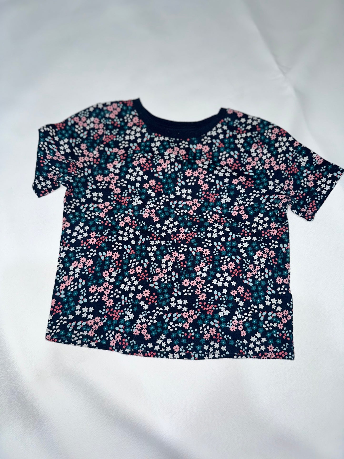 Girls' Preloved Dark Navy Floral Lettuce-Trim T-Shirt