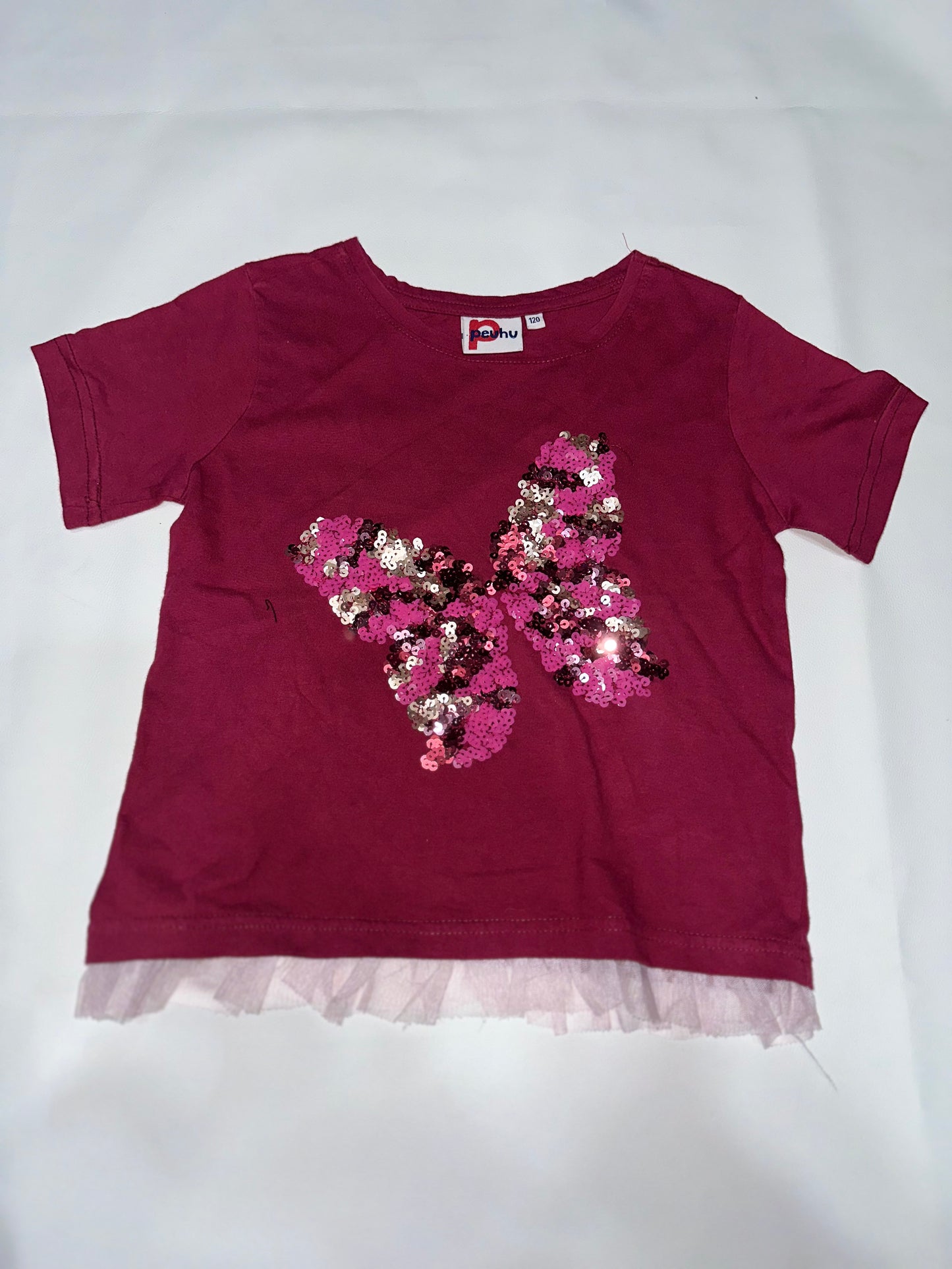 Girls' Preloved Maroon Sequin Butterfly Tulle-Trim T-Shirt