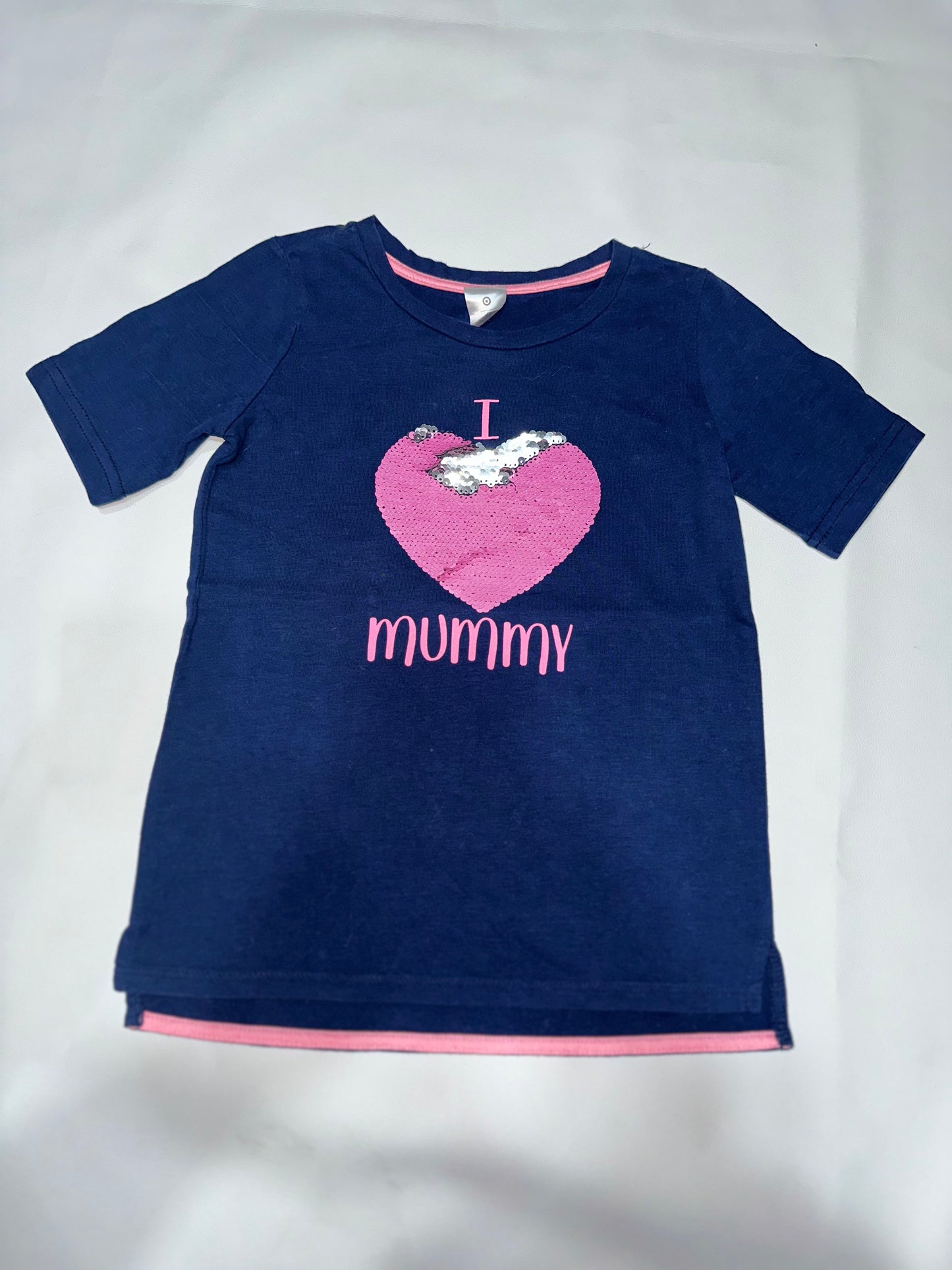 Girls' Preloved Navy Sequin Heart "I Love Mummy" T-Shirt