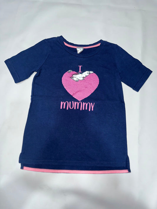 Girls' Preloved Navy Sequin Heart "I Love Mummy" T-Shirt