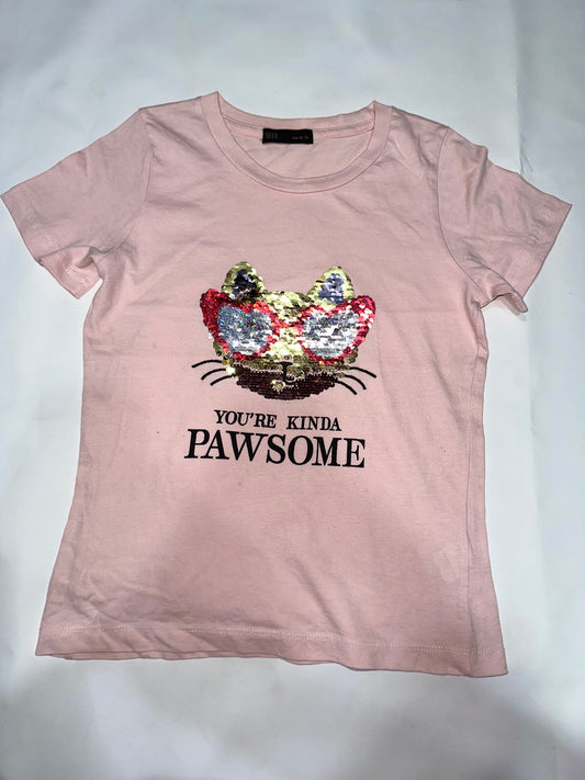 Girls' Preloved Pink Sequin Cat Graphic T-Shirt