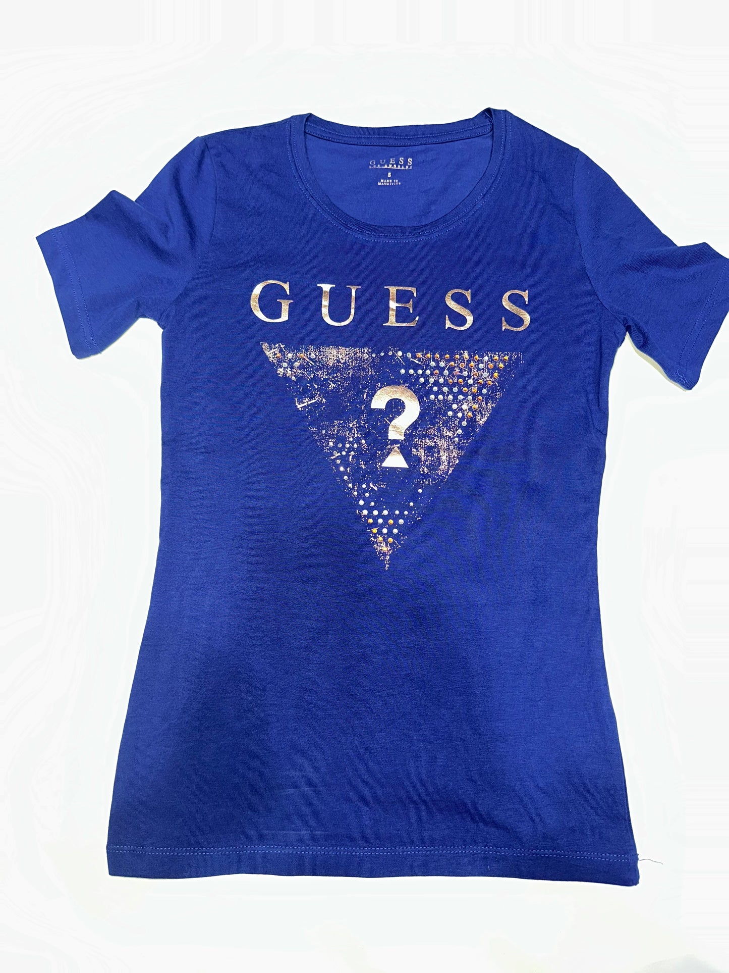 Ladies' Preloved Royal Blue GUESS Rhinestone Triangle Logo T-Shirt