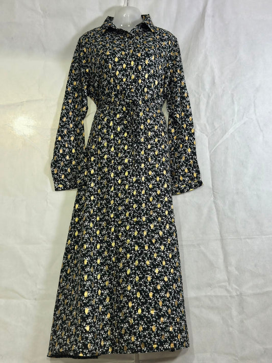 Preloved SU® Black Floral & Gold Metallic Foil Shirt Dress