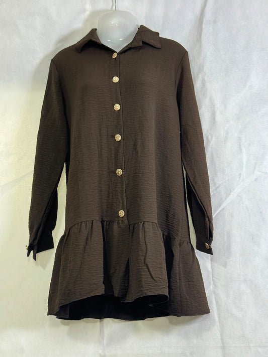Preloved Italian Chocolate Brown Crinkle Textured Drop-Waist Ruffle Hem Shirt Dress
