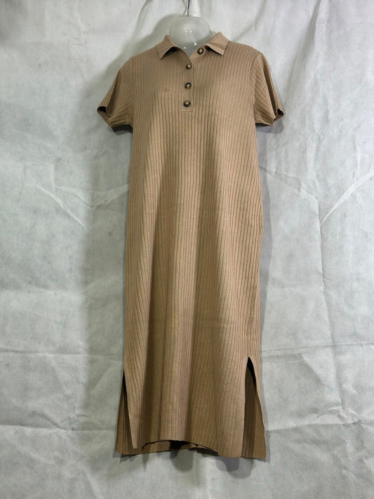 Preloved Camel Brown Ribbed Knit Polo Collar Short-Sleeve Side-Slit Midi Dress