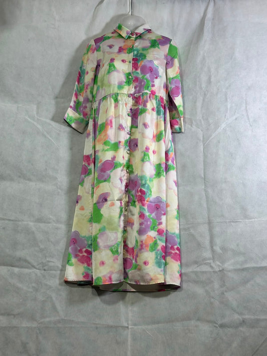 Preloved MAX Pastel Floral Watercolor Print Button-Front Midi Shirt Dress