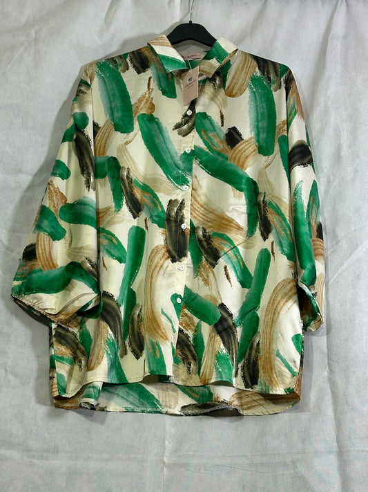 NWT LA MAREY London Satin Abstract Brushstroke Button-Down Shirt
