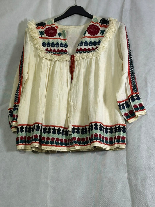 Preloved Cream Boho Floral Embroidered Fringe Collar Blouse