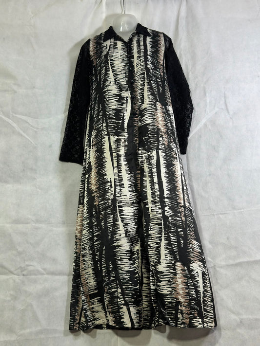 Preloved IMAAN JILBAB Black & Cream Printed Lace-Sleeve Abaya Dress