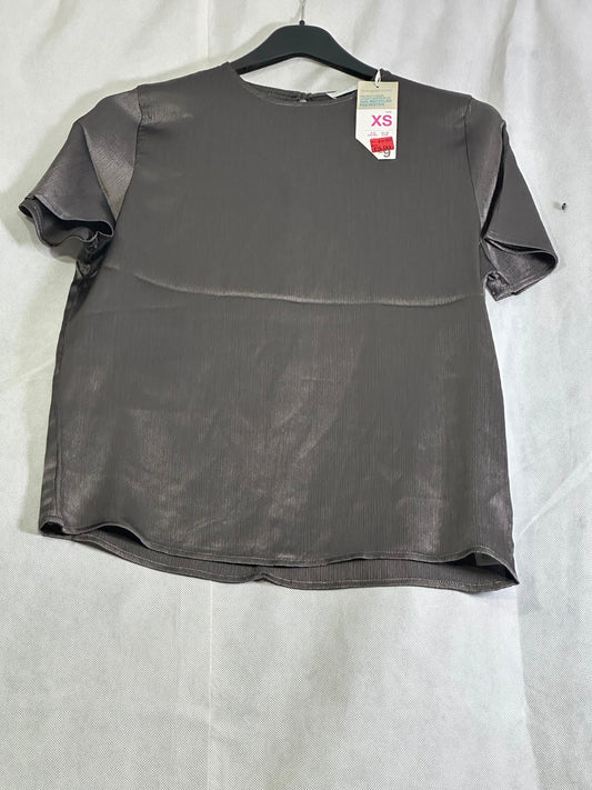 Pre Loved Charcoal Grey Metallic Satin Short-Sleeve Blouse Top
