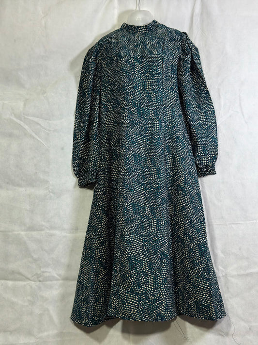 Preloved Teal Green & Off-White Geo Print High-Neck Long Sleeve Midi Dress