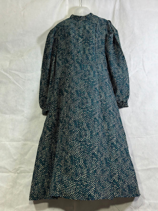 Preloved Teal Green & Off-White Geo Print High-Neck Long Sleeve Midi Dress
