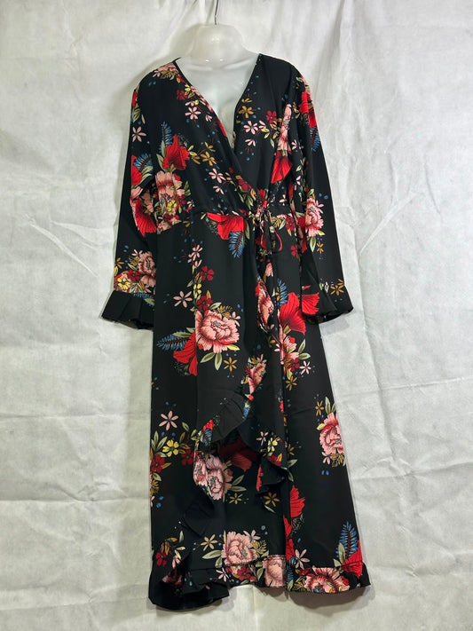 Preloved Boohoo Plus Black Floral Wrap Front Ruffle Midi Dress