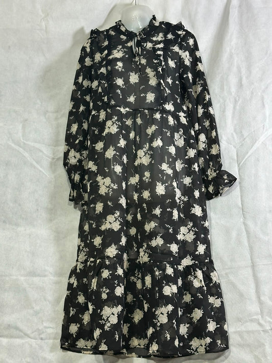 Preloved New Look Black & Cream Floral Chiffon Tiered Ruffle Midi Dress