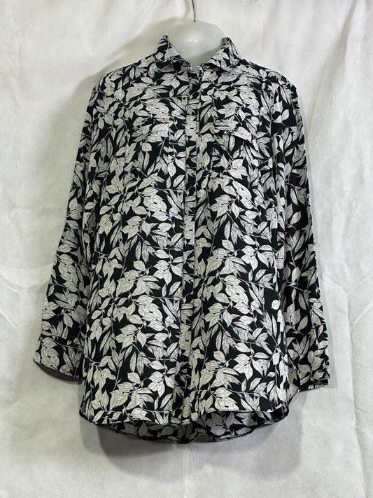 Preloved PRIMARK Black & White Monochrome Leaf Print Long Sleeve Button-Down Shirt