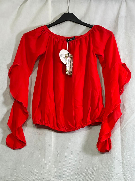 Preloved Boohoo Fiery Red Elasticized Off-The-Shoulder Ruffle Long Sleeve Blouse
