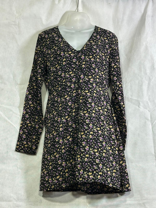 Preloved MISSGUIDED Black Purple Floral V-Neck Long Sleeve Mini Dress