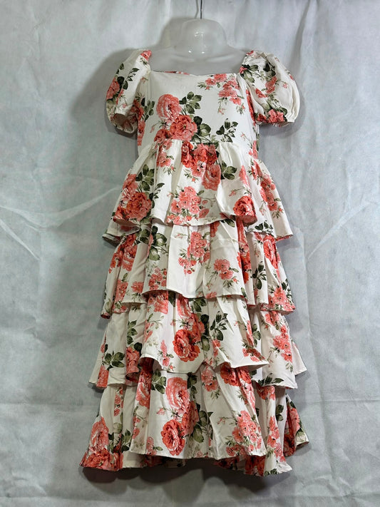 Preloved SHEIN Girls Coral Floral Puff Sleeve Tiered Ruffle Maxi Dress