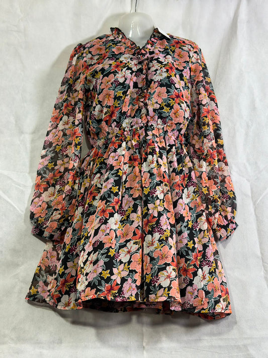 Preloved PEP&CO Black & Coral Floral Chiffon Ruffle Collar Mini Dress