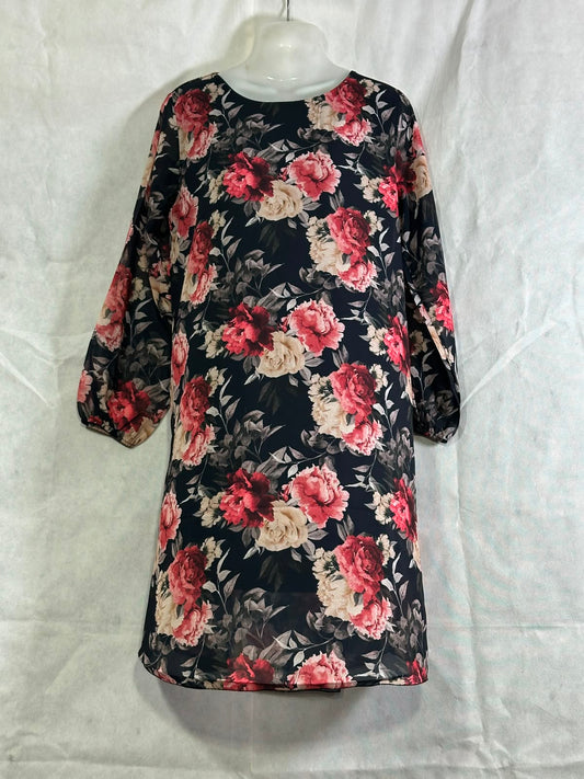 Preloved Loyale Navy Blue Floral Chiffon Long Sleeve Shift Dress
