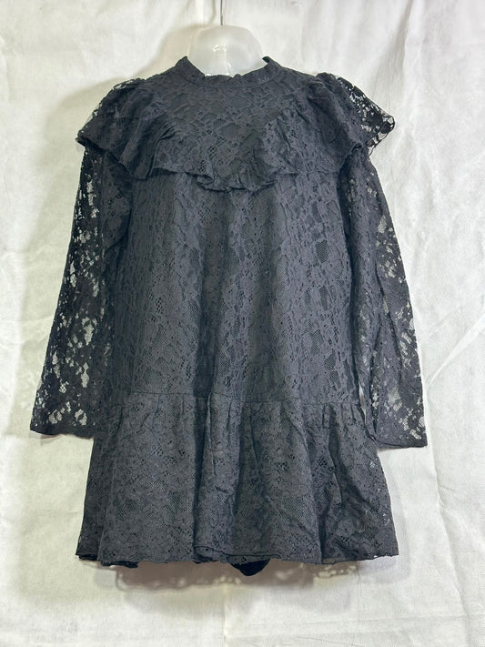 Preloved ZARA Black Floral Lace Ruffle High-Neck Mini Dress