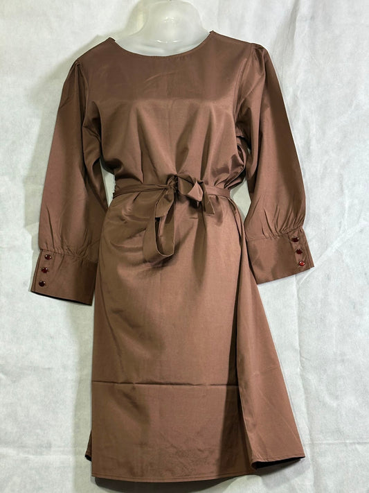 Preloved Dmaxx Mocha Brown Satin Belted Long Sleeve Midi Dress