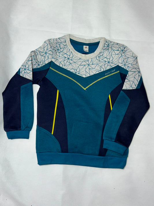 Preloved Curly Sue Teal & Navy Geometric Colorblock Fleece Crewneck Sweatshirt