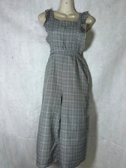 Preloved Grey Plaid Glen Check Ruffle Strap Wide-Leg Jumpsuit