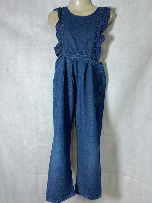 Preloved Blue Denim Ruffle Sleeve Wide-Leg Jumpsuit