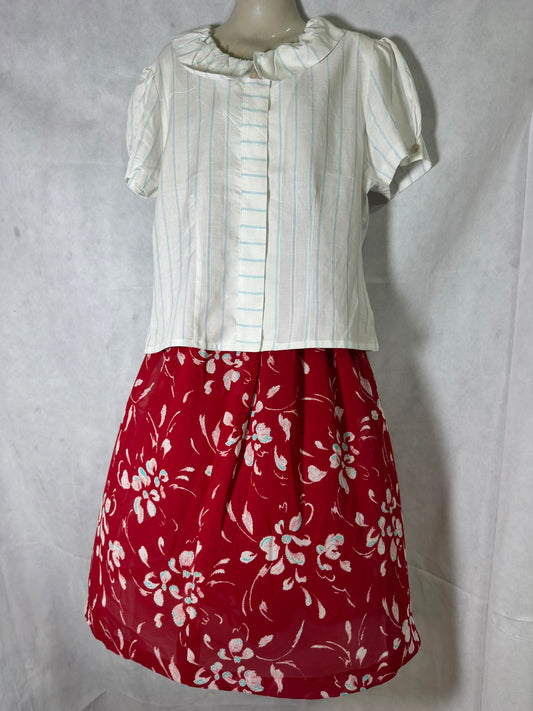 Preloved White Striped Ruffle Collar Top & Red Floral Chiffon Skirt Set