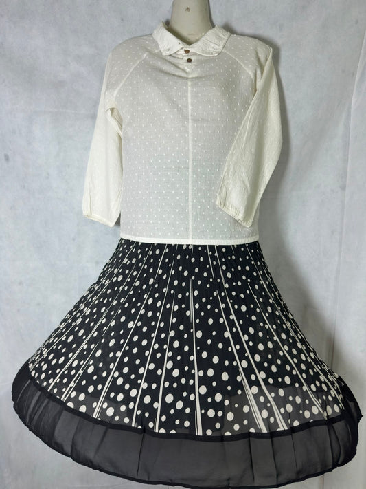 Preloved White Swiss Dot Collared Top & Black Pleated Polka Dot Skirt Set