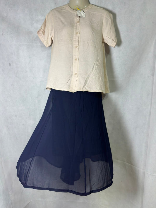 Preloved Beige Short Sleeve Linen-Look Top & Navy Chiffon Flared Skirt Set