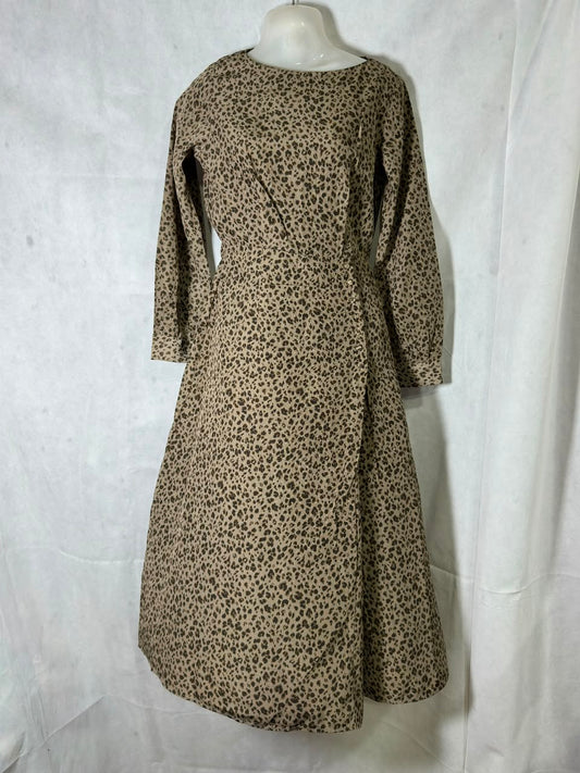 Preloved Beige Leopard Print Faux-Wrap Long Sleeve Midi Dress