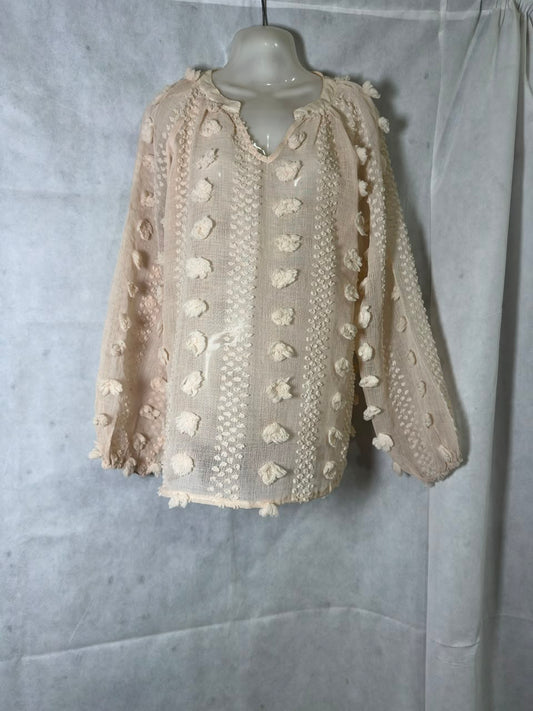 Preloved Cream Textured Pom-Pom & Embroidered Sheer Boho Blouse