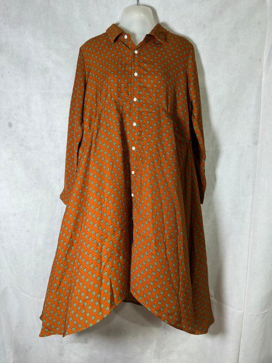 Preloved Burnt Orange Geometric Printed Button-Down Flared Shirt Dress
